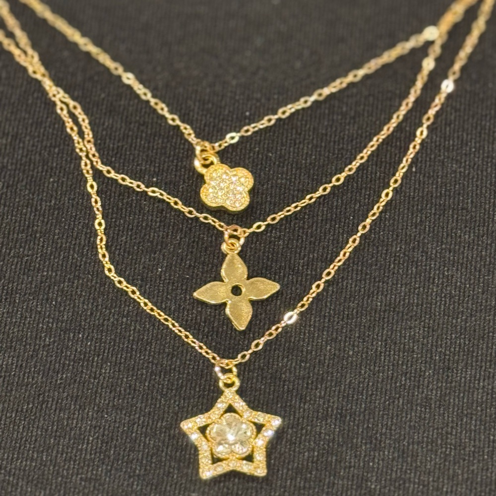 Elegant Gold Tone Multi-chain with Crystal Star Clover Pendants 15.5-18.5 inch